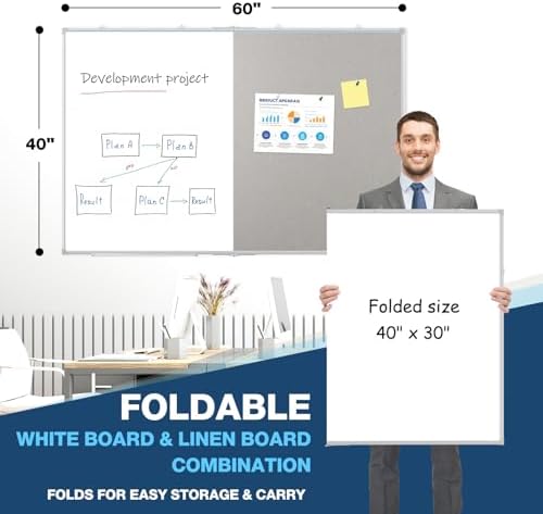Large White Board Dry Erase Foldable Bulletin Board Combo 60x40 for Wall