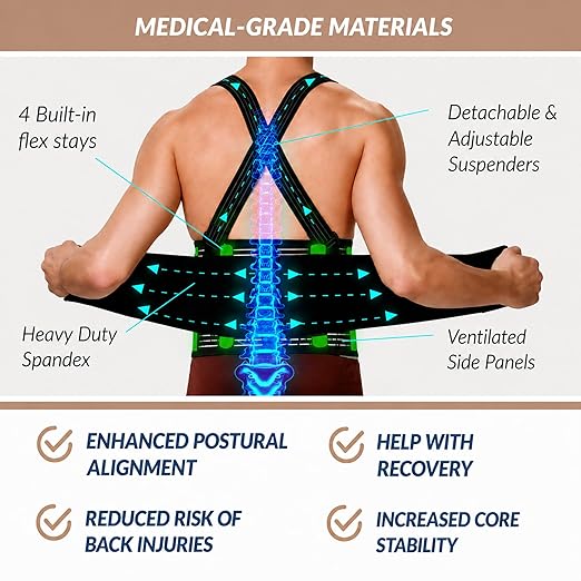 NeoTech Care Back Brace with Suspenders for Work - Industrial Lifting Safety, Elastic Compression, Hook & Loop Closure (Beige, Size S)