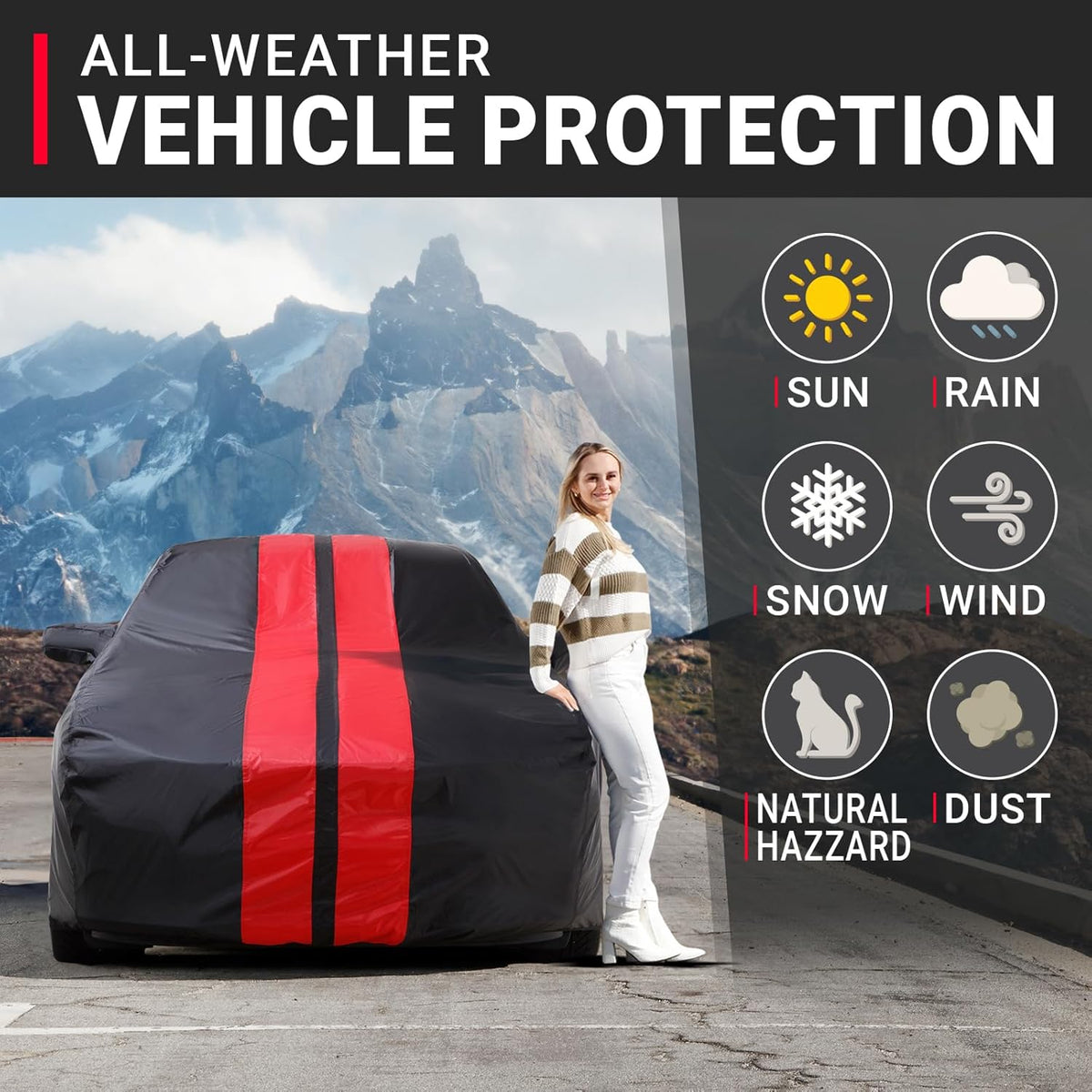 iCarCover Custom Car Cover for Buick Century Sedan, Coupe (1982-1996) Waterproof All-Weather Rain Snow UV Sun Protector Full Exterior Indoor Outdoor Car Cover (Stripe - Black/Red)