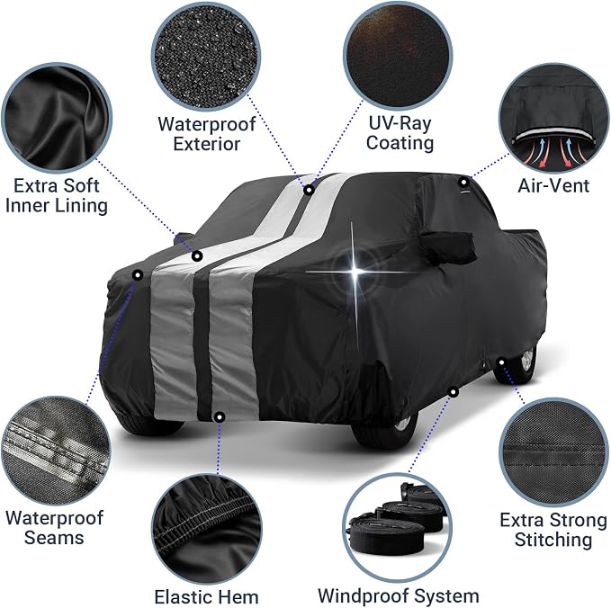 iCarCover Premium Heavy Duty Truck Car Cover - Waterproof All Weather Rain Snow UV Protection, F-150 Lightning, Raptor, Ram 1500 TRX, Tundra, Silverado, Size T71 (See Size Chart), Stripe - Black/Gray