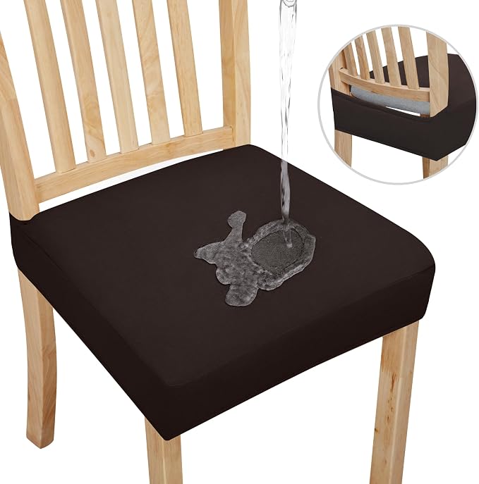 Easy-Going 100% Waterproof Seat Covers for Dining Room Chairs Set of 4, Stretch Chair Seat Slipcovers Protector Removable and Washable Kitchen Dining Chair Covers, Chocolate