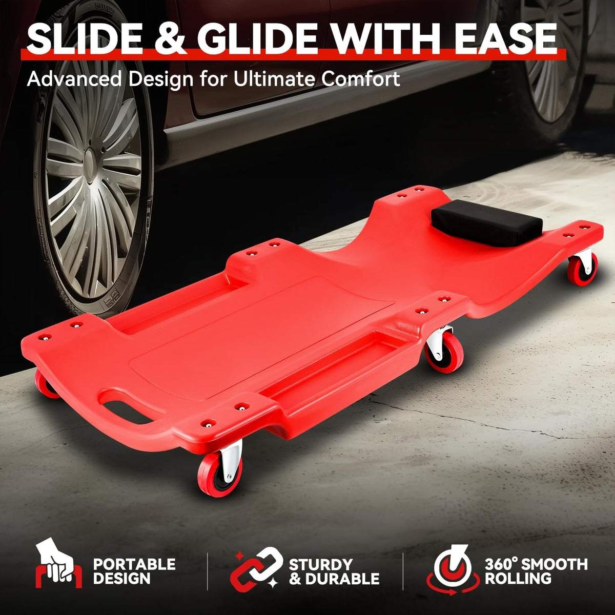 Auto Dynasty 36 Inches Mechanic Creeper, Automotive Garage Repair Low Profile Under Car Rolling Creeper with Padded Headrest, Plastic, Red