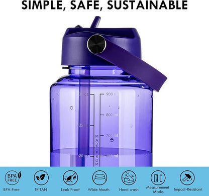 OLDLEY 32oz Water Bottle with Straw,Leakproof Tritan Clear Bottle with Marked Bottle and Carry Handle, BPA-Free Wide Mouth Reusable Sports Water Bottle for Gym,Hiking, Camping, Travel, Workout,Purple