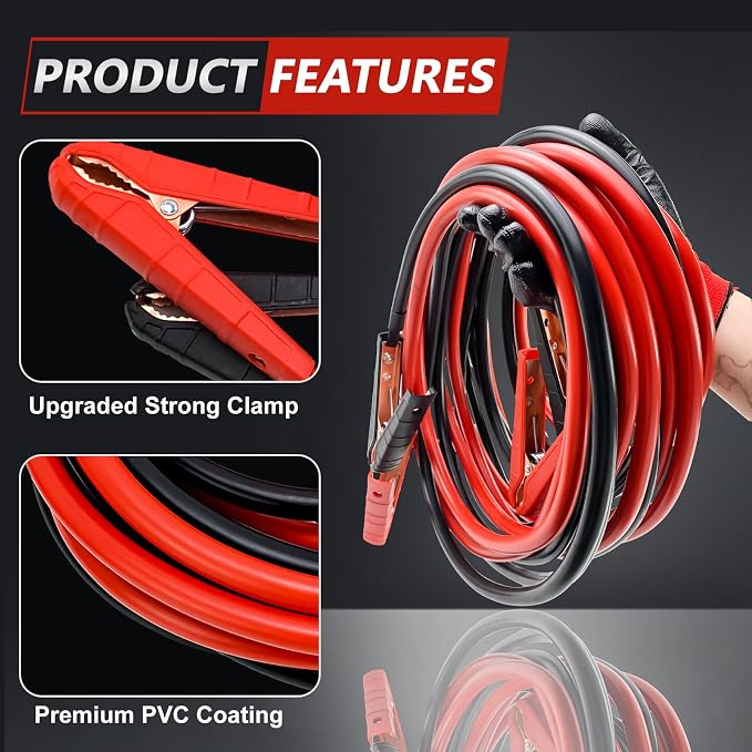 Jumper Cables, 1 Gauge 25FT Heavy Duty Booster Cables for Jump Starting Dead or Weak Batteries, Automotive Booster Cable for Car Van Truck,With Storage Bag & Gloves