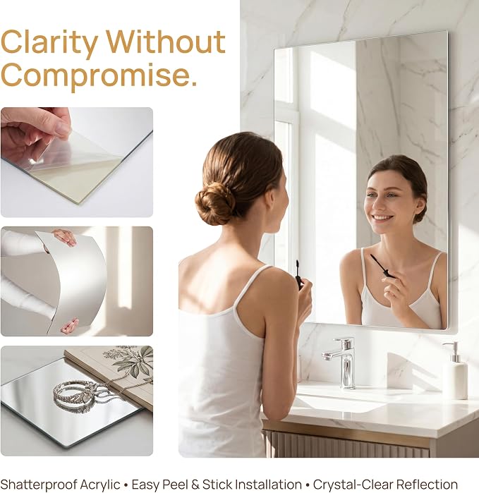iCAGY Acrylic Mirror for Wall Kids Adults Bedroom Door Closet | Shatterproof, Self-Adhesive, Lightweight, Plastic Mirror Tile Sheet, Reflective, Safe, Plexiglass, 12x16 inch 4 Pcs
