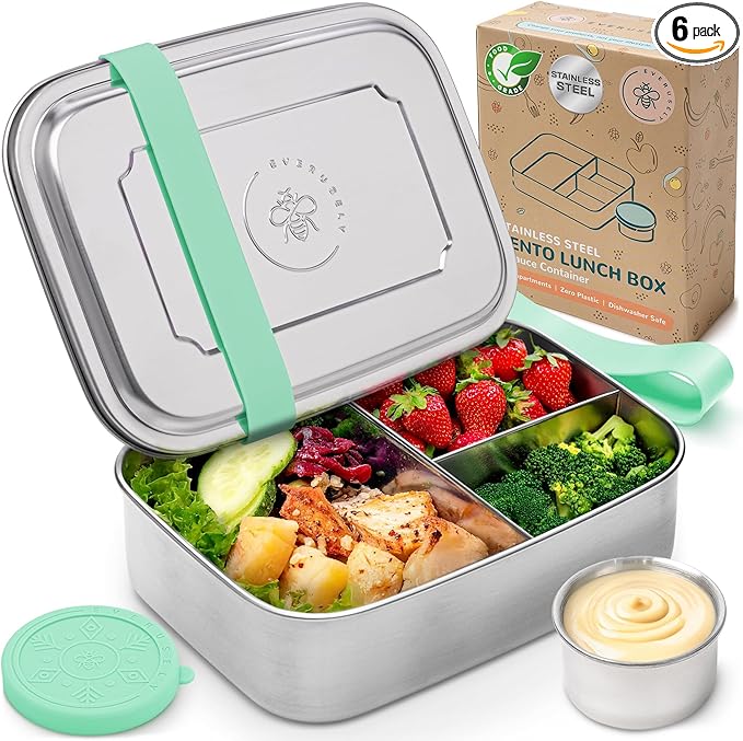 Everusely - Bento Box - Green, 60oz / 1.8 L - Extra Large Stainless Steel Lunch Box + Leakproof Condiment Container - 3 Compartment Snack Organizer for On the Go Meals - Freezer & Dishwasher Safe