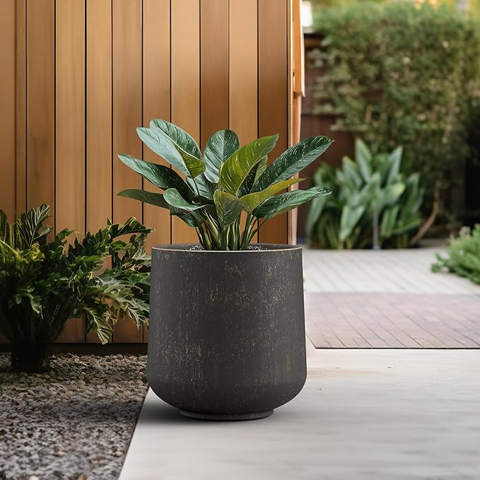 Kante 15.3" Dia Round Concrete Planter, Outdoor Indoor Large Plant Pots Containers with Drainage Hole and Rubber Plug for Home Garden Patio, Oil Rubbed Bronze
