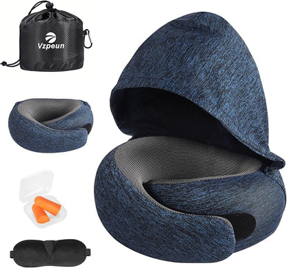Travel Pillow - Hooded Neck Pillow Airplane Memory Foam Filling for Plane, Office, Cars Sleeping, Road Trip, Long Flights, Airplane Travel Essentials, Includes Eye Mask & Earplugs (Full Blue)