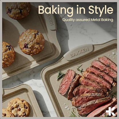 BAKKEN Kitchen Baking Pans - Medium (15.15 × 10.03") and Large (17.1 x 11.8") Nonstick Sheets, Carbon Steel Cookie Sheets with White Silicone Handle, PFOA, PFOS, PTFE Free, Oven Safe (450°F), Set of 2