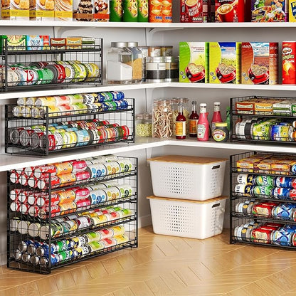 2-Tier Stackable Can Organizer for Pantry, Adjustable Extra-Long Can Rack for Pantry Shelf Organizer and Storage, Sturdy Standing Can Holder for Canned Soup Food Goods Storage up to 64 Cans, Black