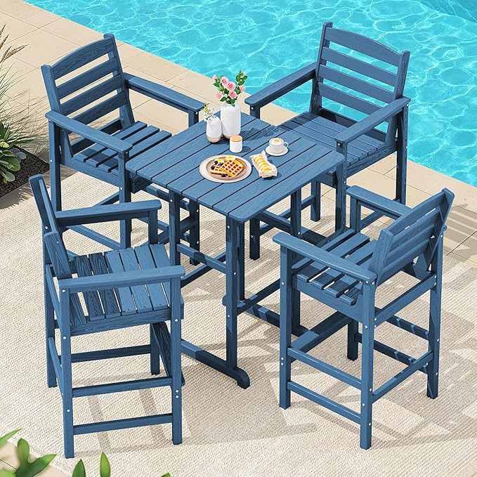 SERWALL 5-Piece Adirondack Bar Chair Set, HDPE Adirondack Barstools with Pub Table, Outdoor Patio Bar Furniture for Bistro, Balcony, Poolside, Garden - Blue
